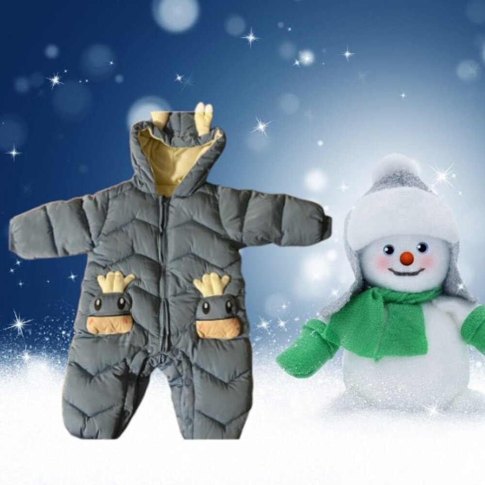 Boy’s Blue Appliqué Romper Thick Hooded Snowsuit